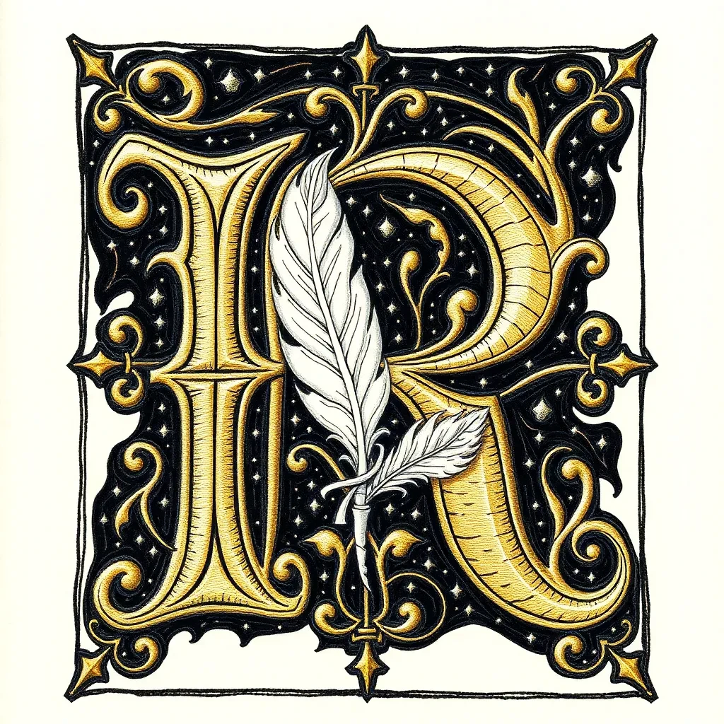 Illuminierter Letter R mit Schreibfeder