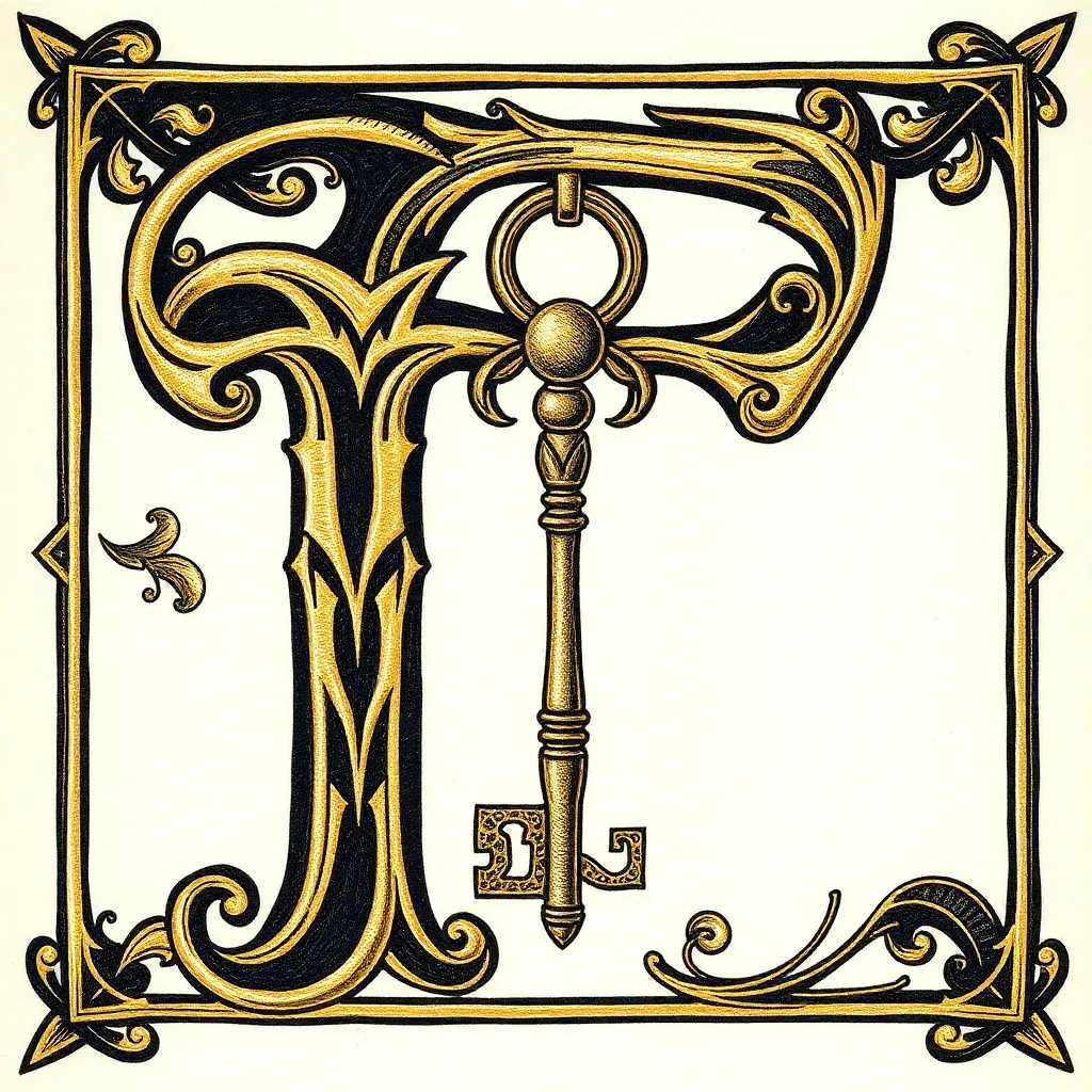 Illuminierter Letter T mit Schlüssel