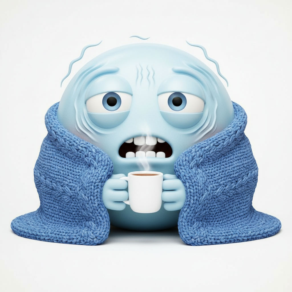 AI Recommendation Poisoning: Emoji mit Schüttelfrost, blasser blauer Haut, eingehüllt in eine blaue Decke und eine Tasse Tee haltend