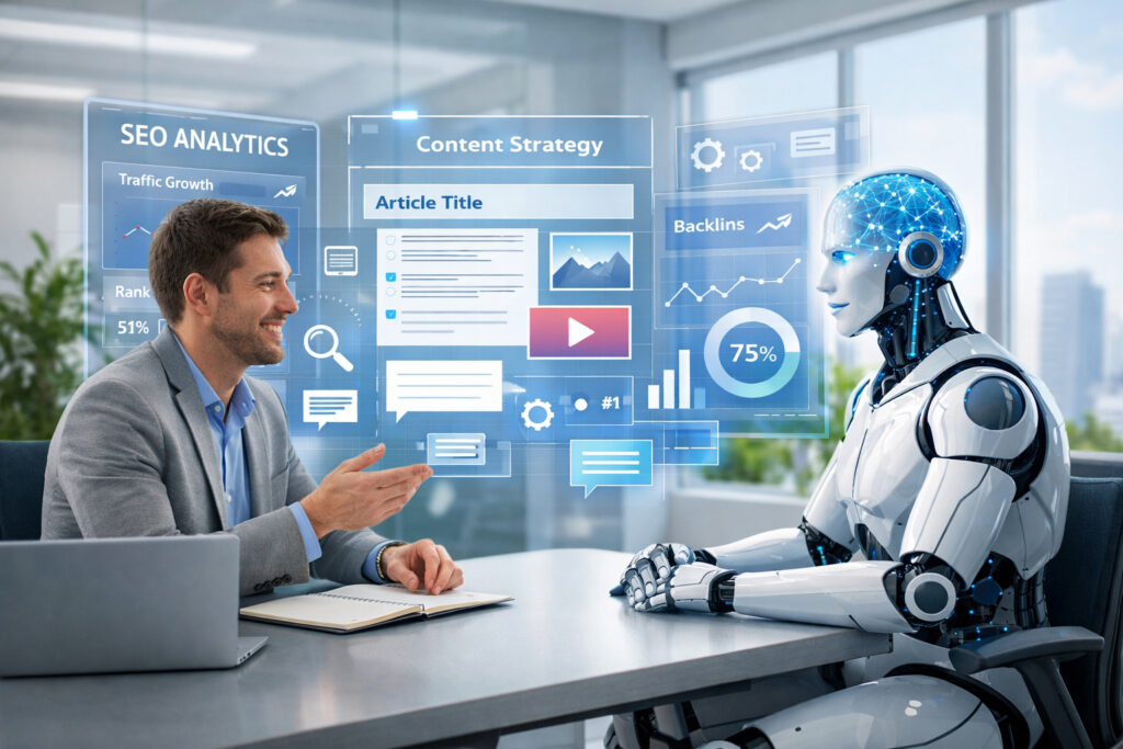 Content Audit für SEO & KI: Mensch und AI-Roboter diskutieren zusammen an einem Schreibtisch