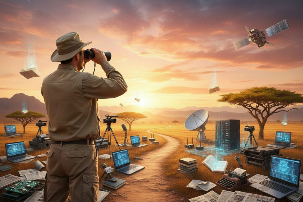 Mann in Safari-Outfit mit Fernglas auf einem Pfad durch die Savanne, umgeben von Technologie und Journalismus-Elementen – GEO Strategie und digitale Sicherheit Konzept