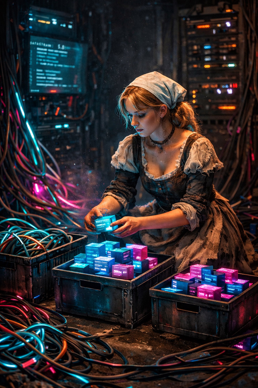 Aschenputtel auf dem Boden kniend in einem Computerraum mit Kabeln und Bildschirmen