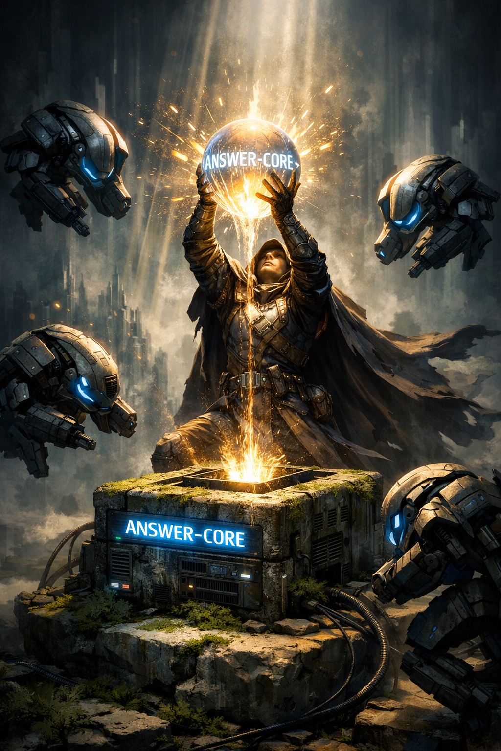 König Arthur hält kniend eine leuchtende Kugel hoch auf der Answer Core steht.