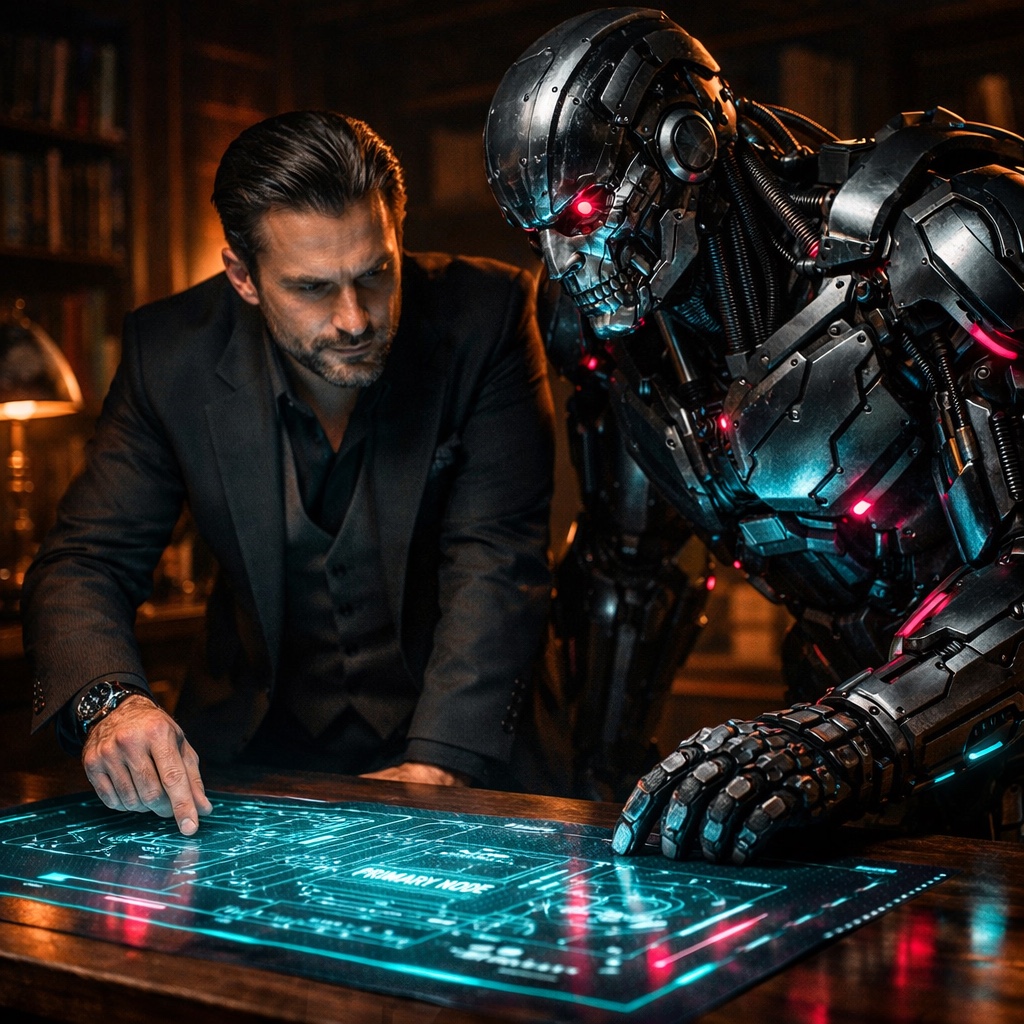 SEO mit KI: Ein Mann und ein Roboter betrachten gemeinsam einen leuchtenden Bildschirm, der auf einem Tisch vor ihnen liegt.